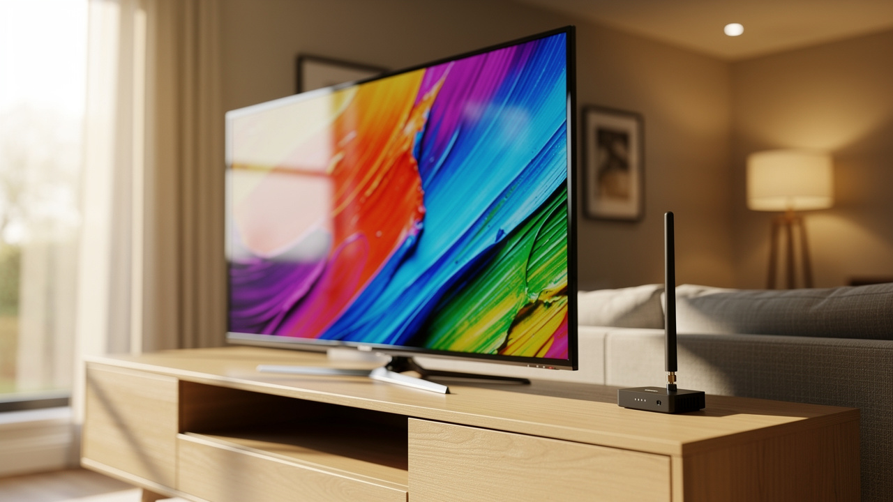 Indoor digital antenna next to HD television in home setting