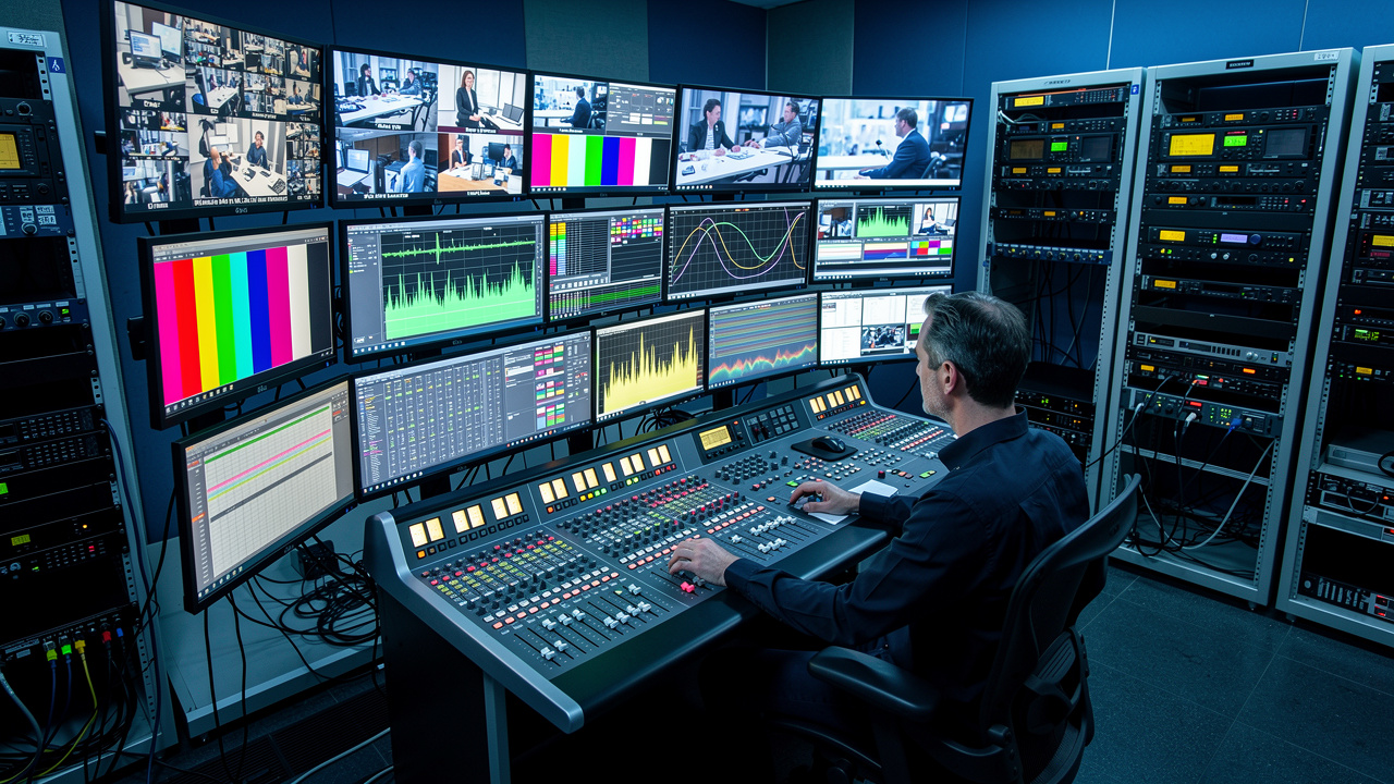 Professional broadcast control room with video monitoring equipment