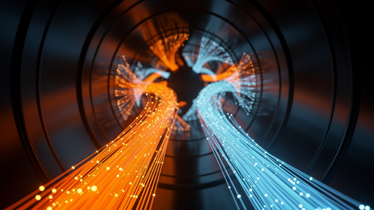 Two fiber optic streams comparing video compression bandwidth efficiency