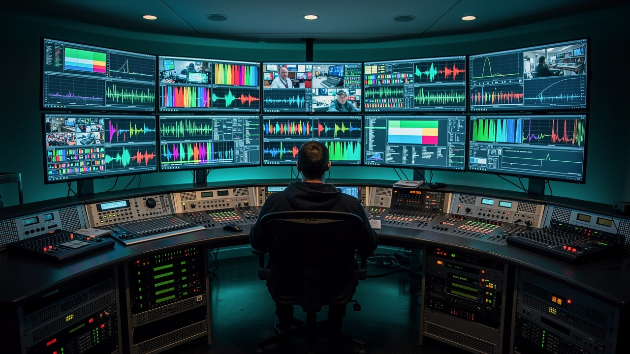 Broadcast engineer monitoring live encoding infrastructure at night