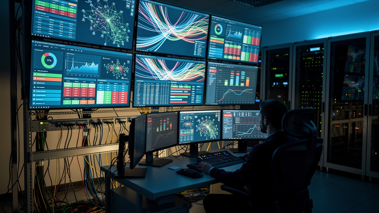 Network operations center monitoring wall displaying multiple video feeds and system status