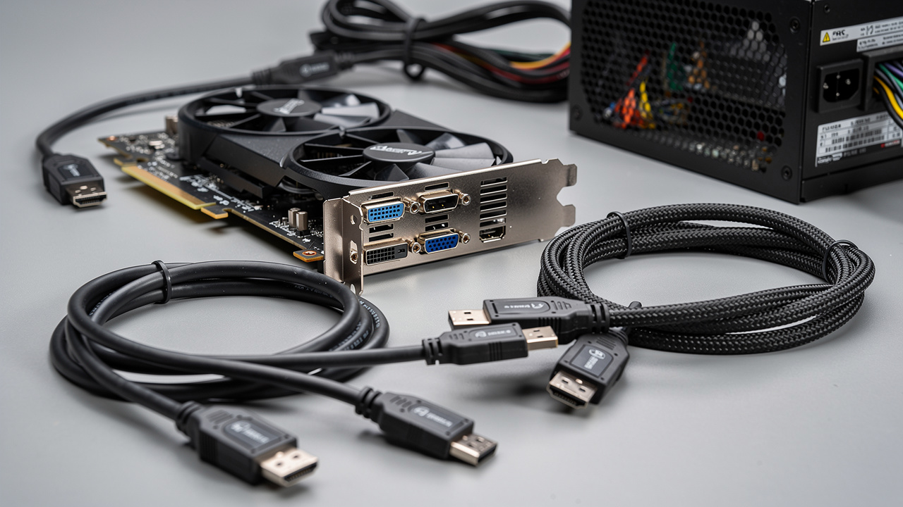Graphics card DisplayPort outputs and certified DisplayPort 1.2 cables hardware setup