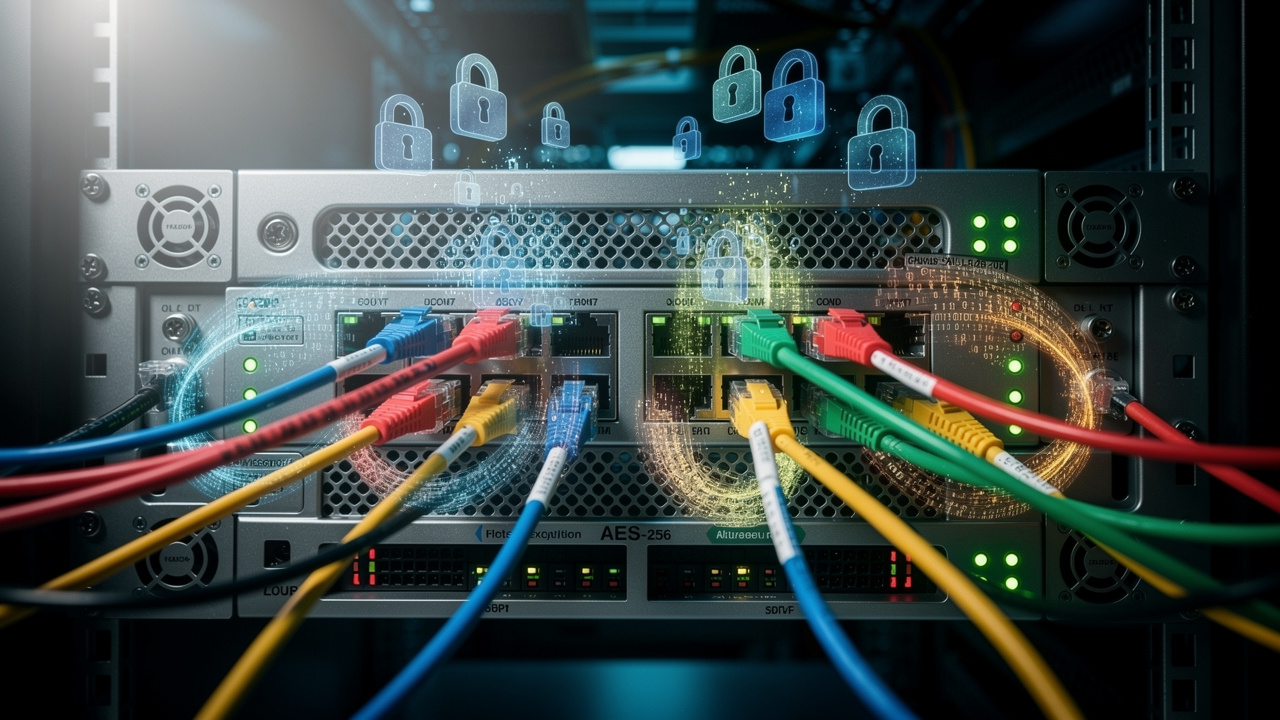 Network security infrastructure showing encryption and redundant failover pathways