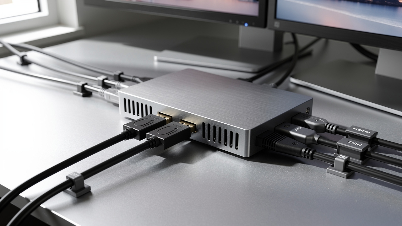 Multi-stream transport hub connecting multiple DisplayPort cables to monitors